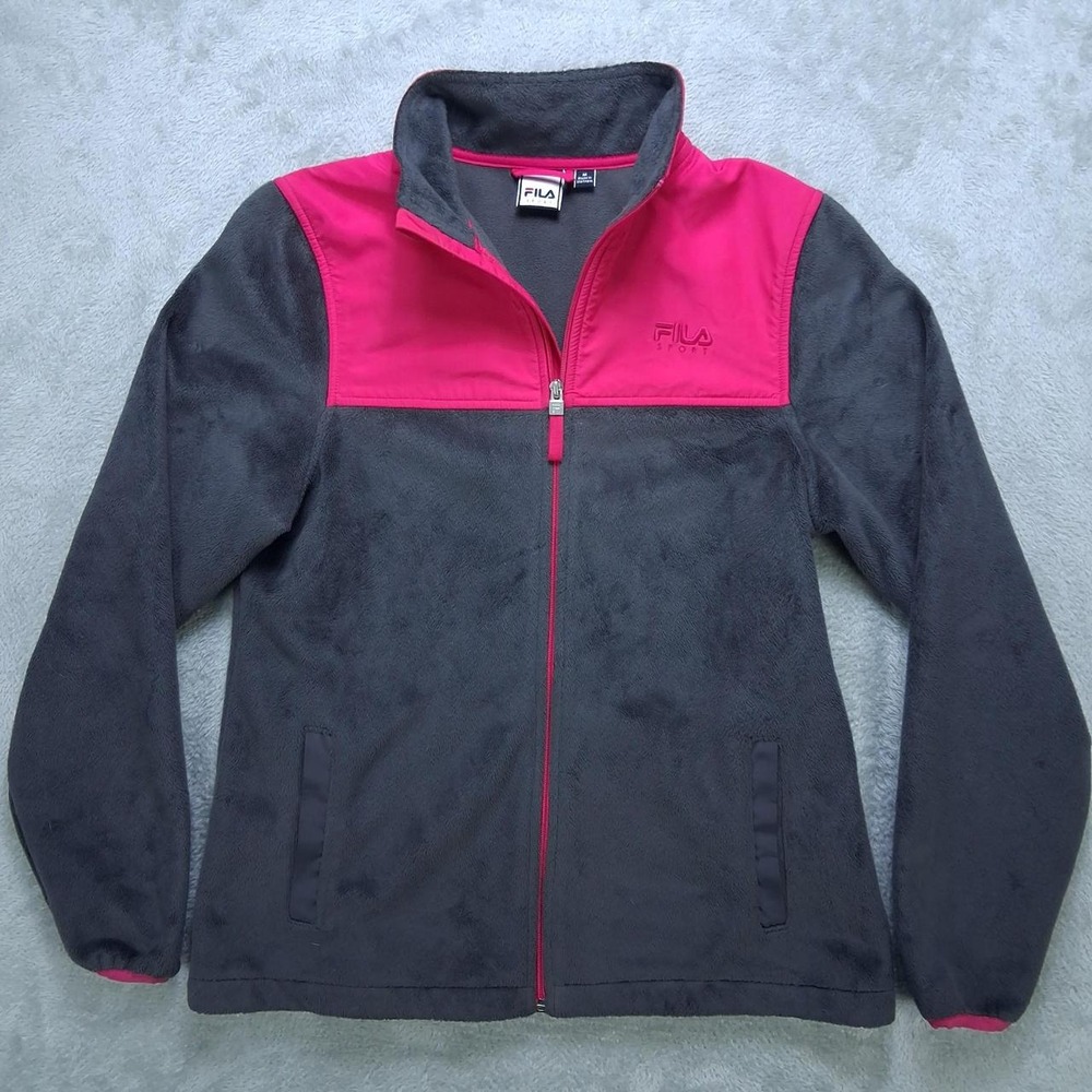 Womens Fila Sport Fleece Jacket Full Zip Grey Pink Size Medium Y2K RN73277
